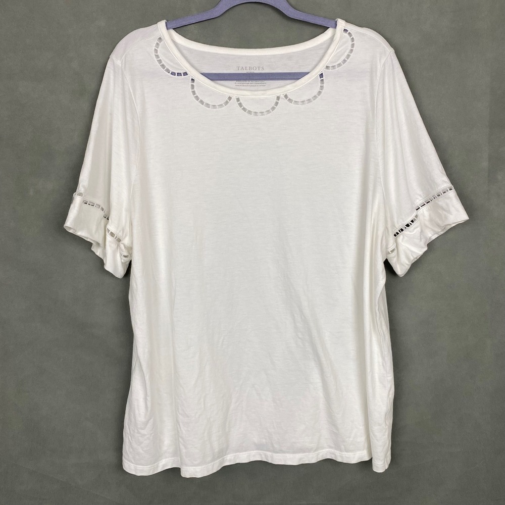 Talbots Pima Cotton Scallop Eyelet Cutout Tee Top Womens 2X White Ladder Lace